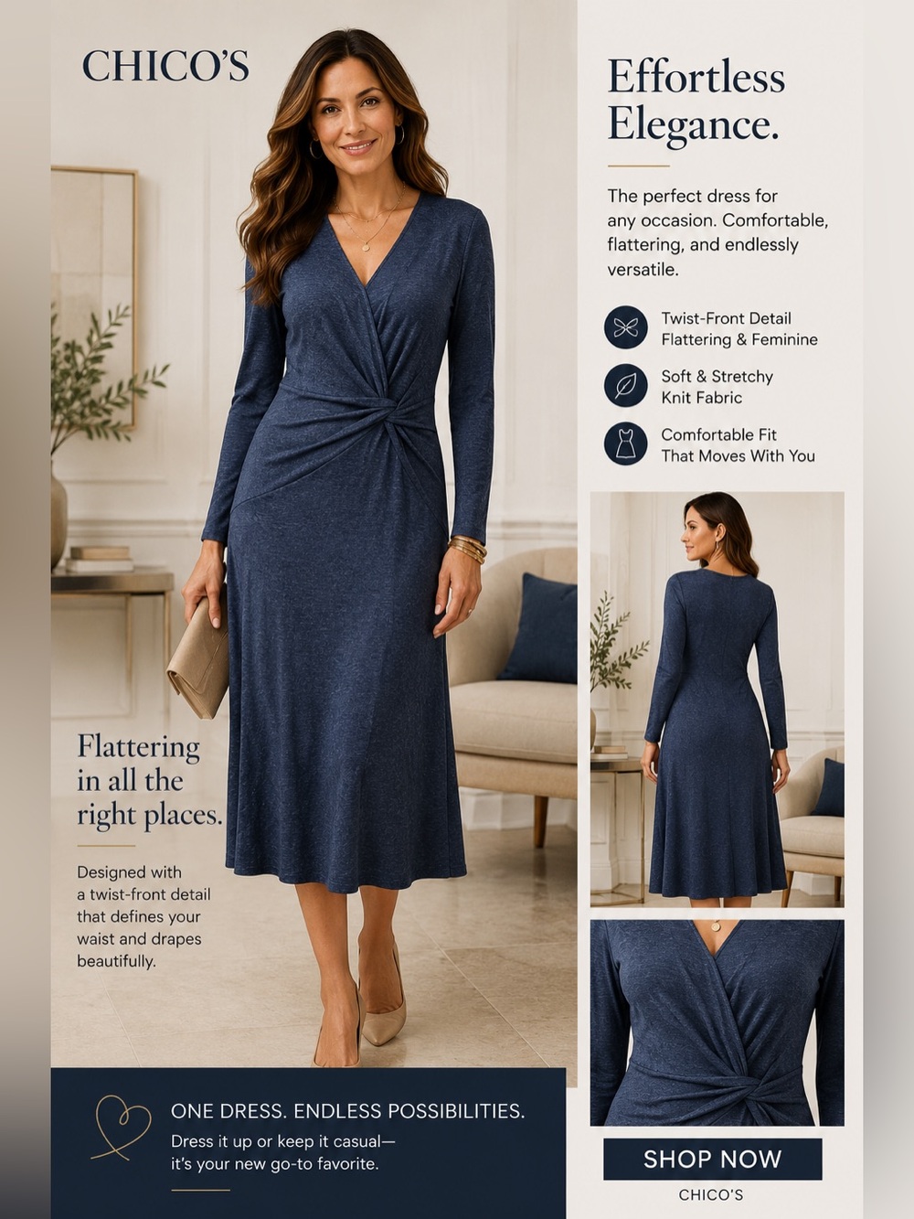 Chico's Navy Twist-Front V-Neck Long-Sleeve Dress